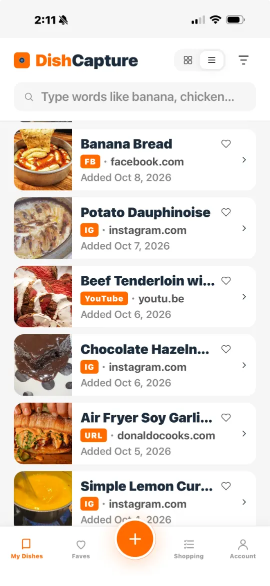 DishCapture recipe library on iPhone, with recipes saved from Facebook, Instagram, YouTube and websites
